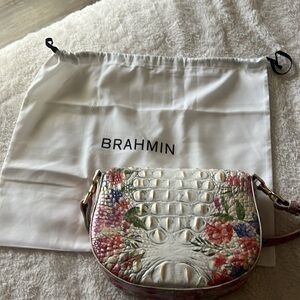 Brahmin White and Pink Crossbody Bag with Textured Design gently used